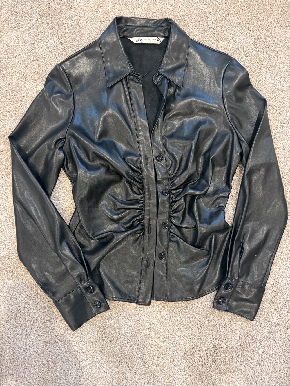 Zara Black Faux Leather Ruched Button-Front Jacket
